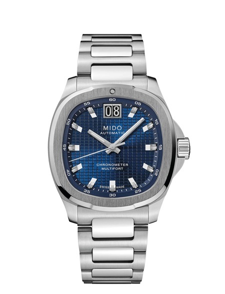 MIDO Multifort TV Big Date Chronometer M0495671104100 con quadrante blu, cassa TV e bracciale in acciaio