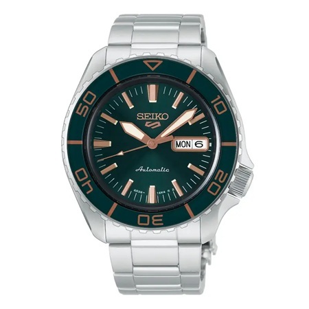 SEIKO 5 Sports SKX HDB005K1 automatico con quadrante verde, dettagli oro rosa, lunetta verde e bracciale in acciaio