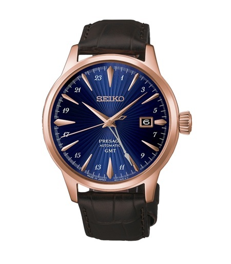 Scopri Seiko Presage Cocktail Time GMT HCB005J1, automatico con quadrante blu e cassa oro rosa. Acquistalo online su Gioielleria Paris.
