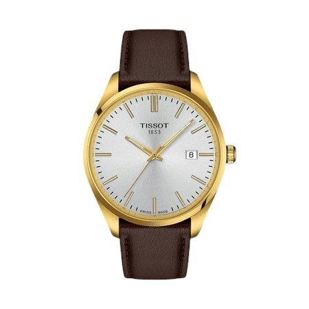Tissot PR 100 T1504103639100 orologio uomo quadrante argentato lunetta oro giallo cinturino pelle marrone